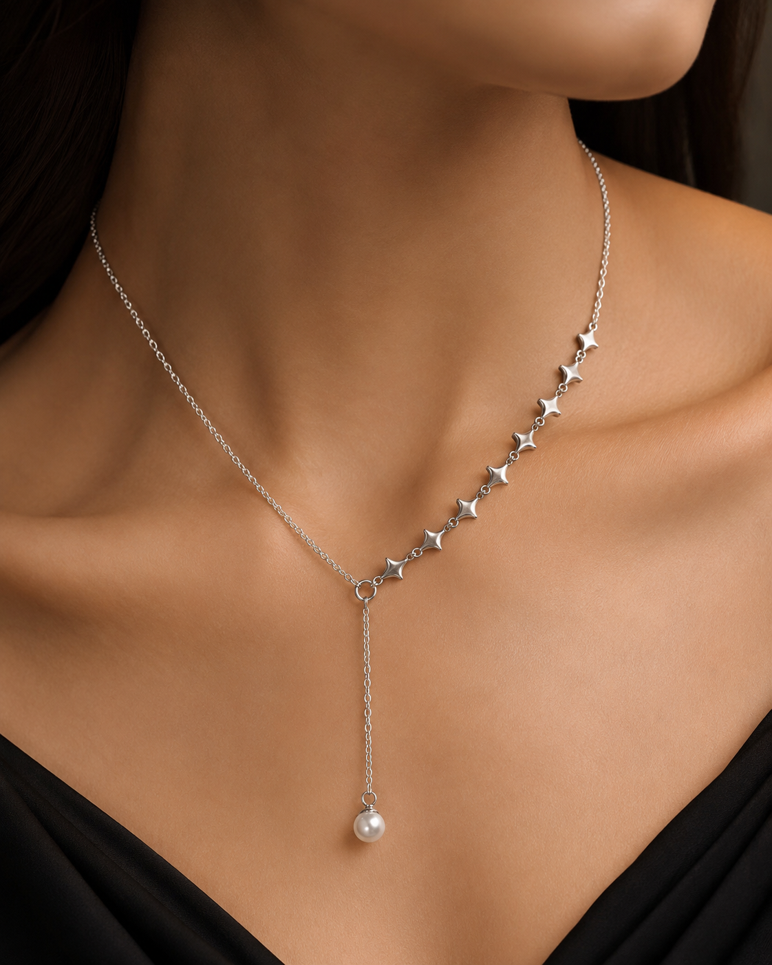 Gehana Celeste Pearl Drop Y Necklace – Silver Finish