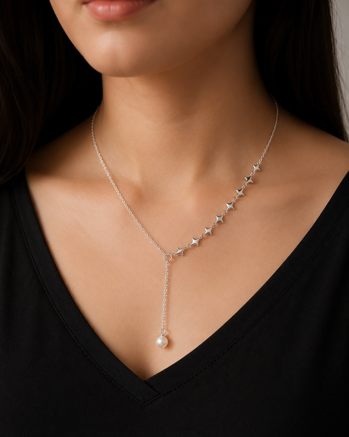 Gehana Celeste Pearl Drop Y Necklace – Silver Finish